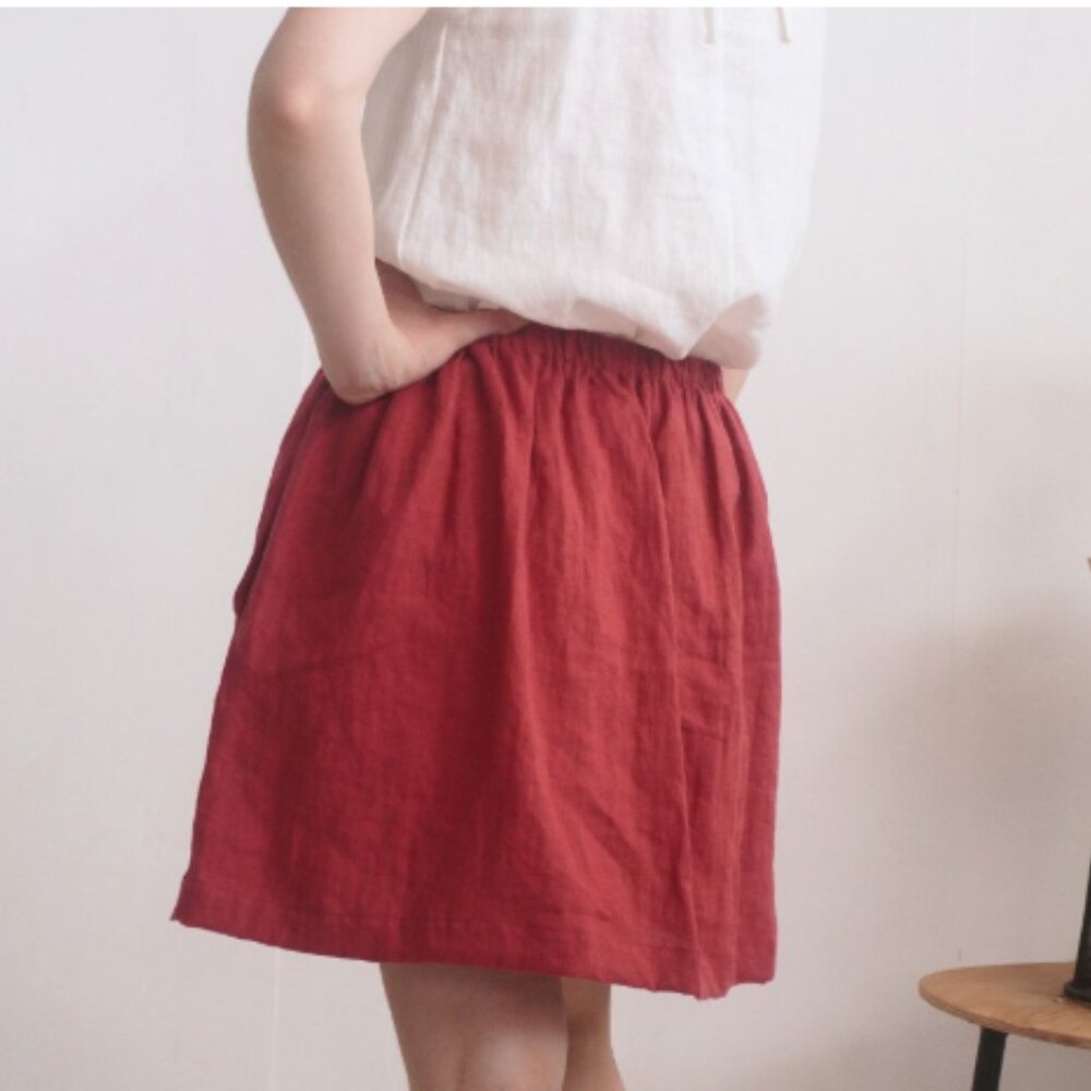 MEETRA LINEN I Raspberry Pull-On A-Linen Linen Maranon Short Skirt, M - Picture 4 of 10